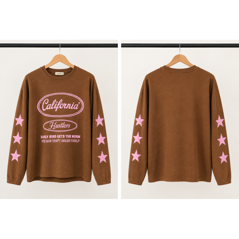 Stijlvolle Longsleeve met Roze Sterren Bruin