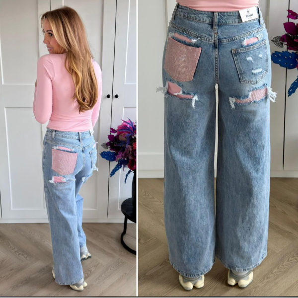 Trendy Jeans met Roze Glitter & Studs