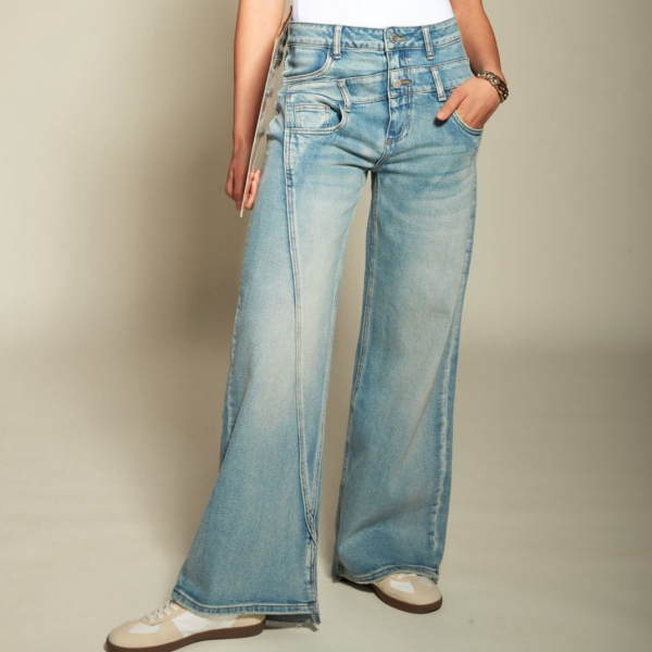 Wide Leg Jeans met Dubbele Knoop Design