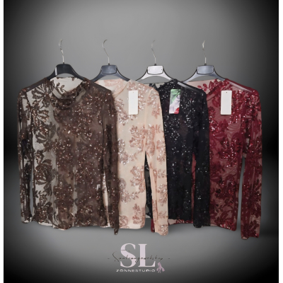 Mesh top bruin met pailletten 1 maat